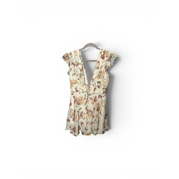 Lulu's Dresses & Skirts - Womens Lulus Floral Romper Dress Small Cream Brown V Neck Flutter Sleeve Lined
